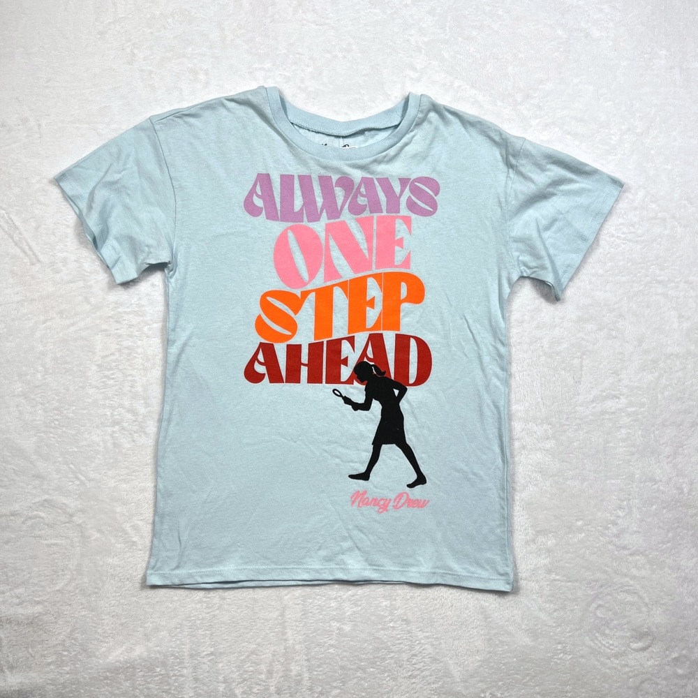 Nancy Drew Kids Light Blue Graphic Tee Always One Step Ahead Size Large 10/12